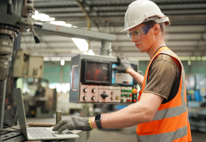 Un technicien de production industriel en train de vérifier une ligne de production